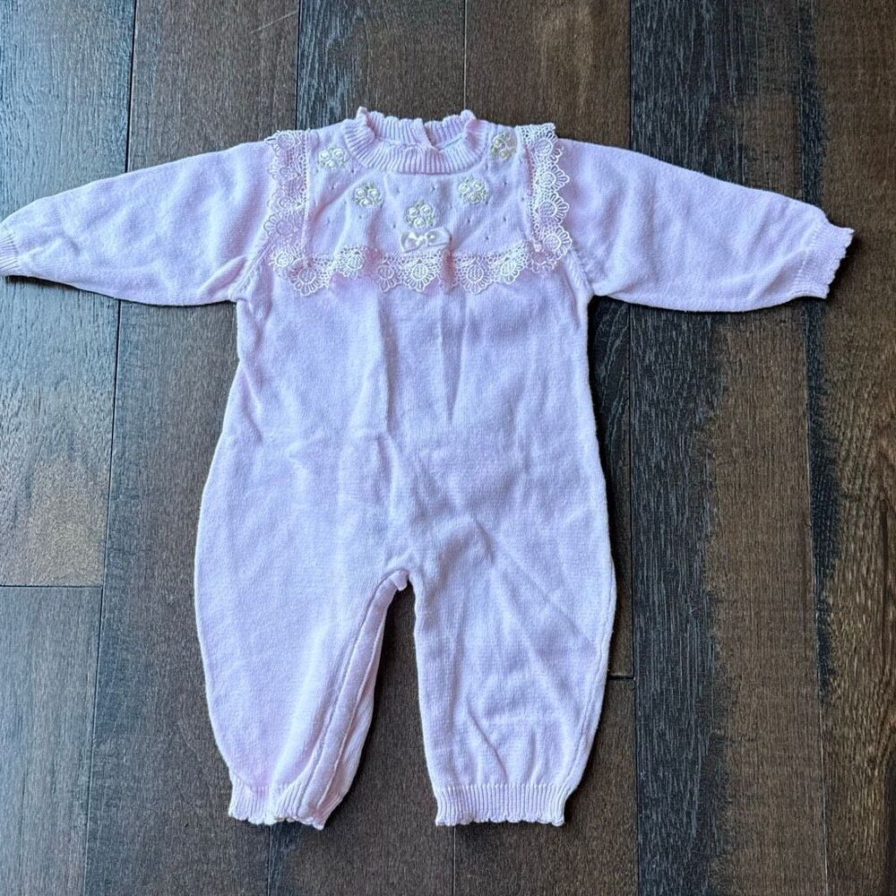 Starting out baby girls crochet knit sleeper outfit size 6 mo pink floral embroi